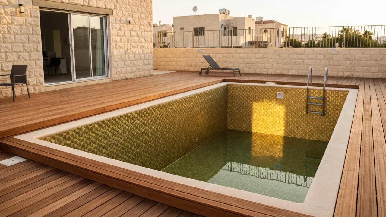 ציפוי בריכה דמוי עץ ופסיפס זהב דגם מרקו - אלטרנטיבות לחיפוי טבעי - בניית בריכות