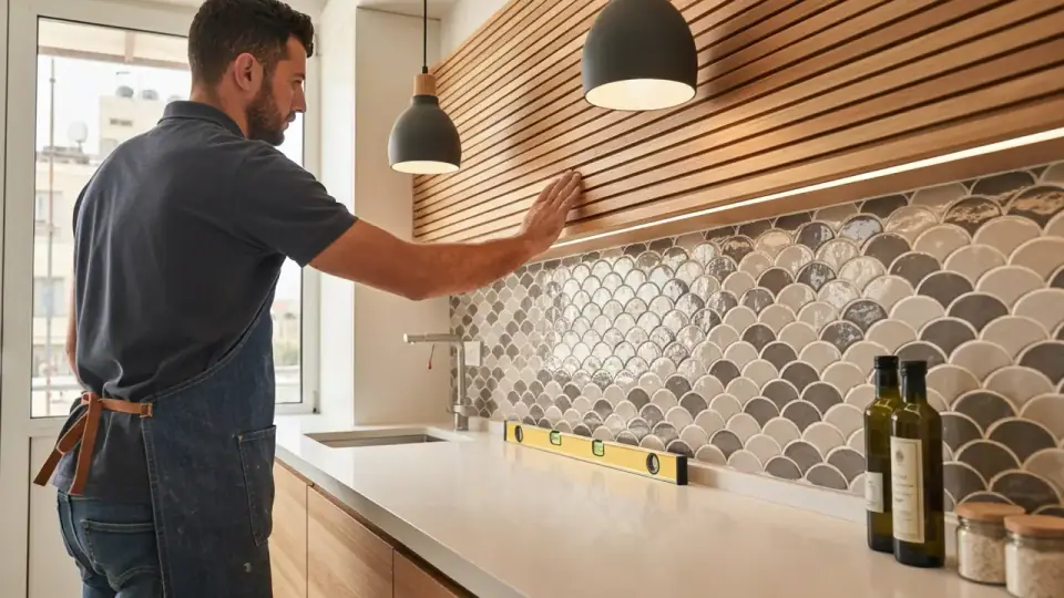 חיפוי קיר מטבח דמוי עץ ופישבון נגר למטבחים